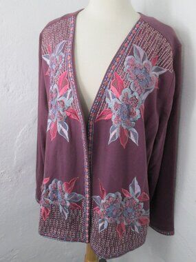 Soft Surroundings Playa Floral Embroidered Open Cardigan Jacket in Berry Size 1X